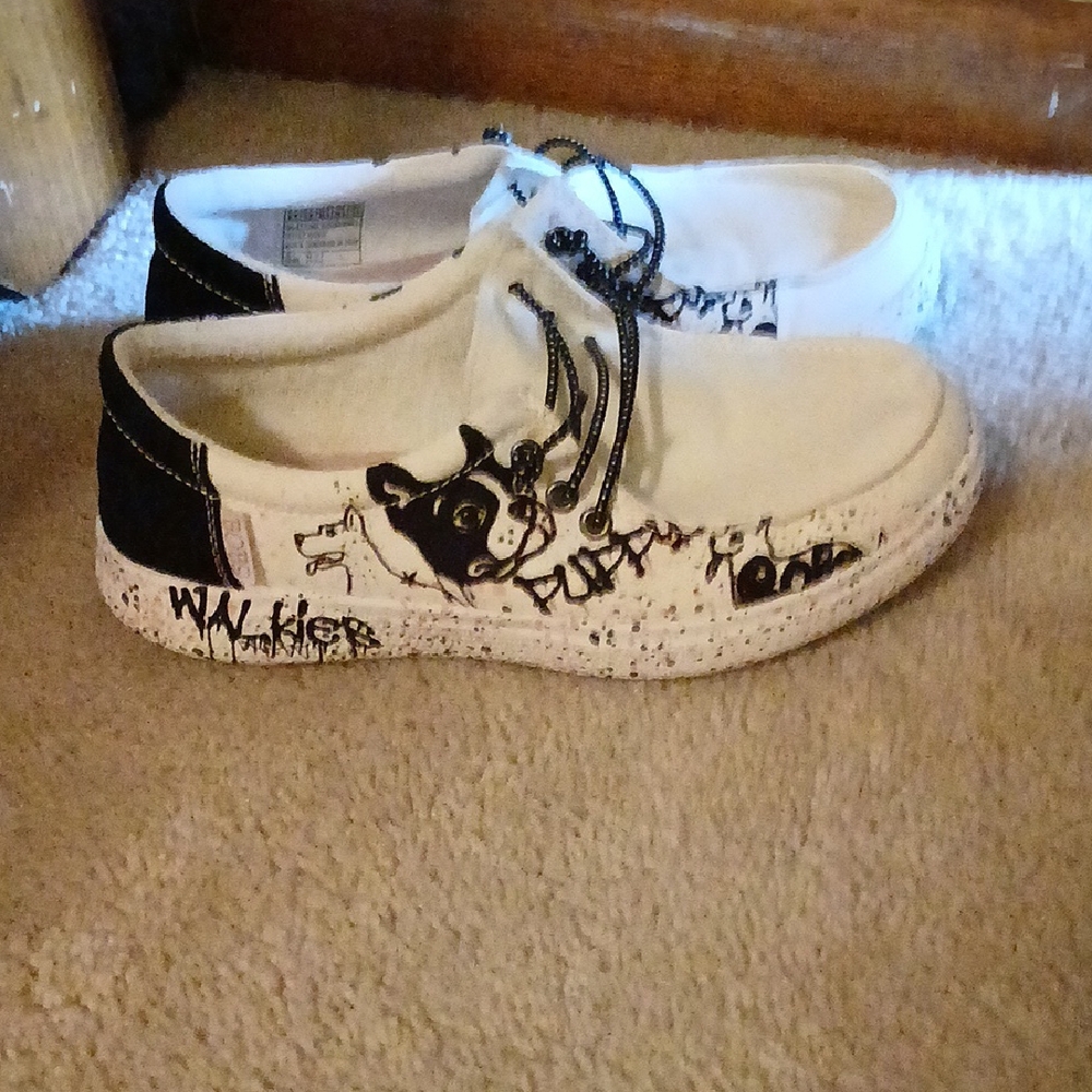 BOBS from Skechers Boston Terrier Dog Black and White Graphic Sneakers, Size 6.5